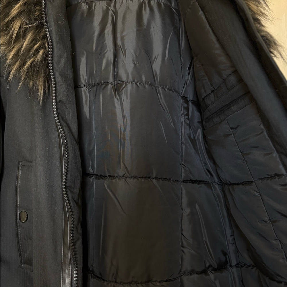 Noize Women’s Long Winter Coat Size M Black Faux Fur Hood Vegan Warm Parka - Picture 4 of 10